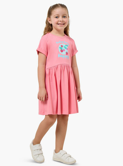 Juniors Round Neck Short Sleeves Knee Length A-line Dress with Strawberry Print-girls-clothing-dressesandjumpsuits-image-2