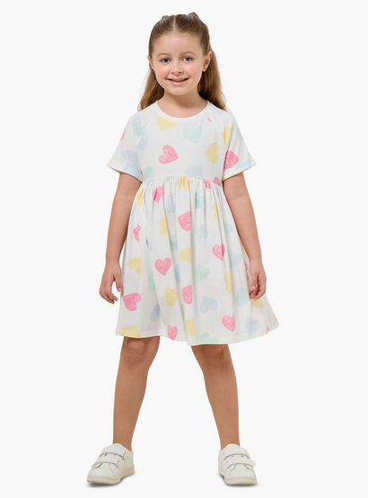 Juniors Round Neck Short Sleeves Knee Length A-line Dress with Heart Print-girls-clothing-dressesandjumpsuits-image-2