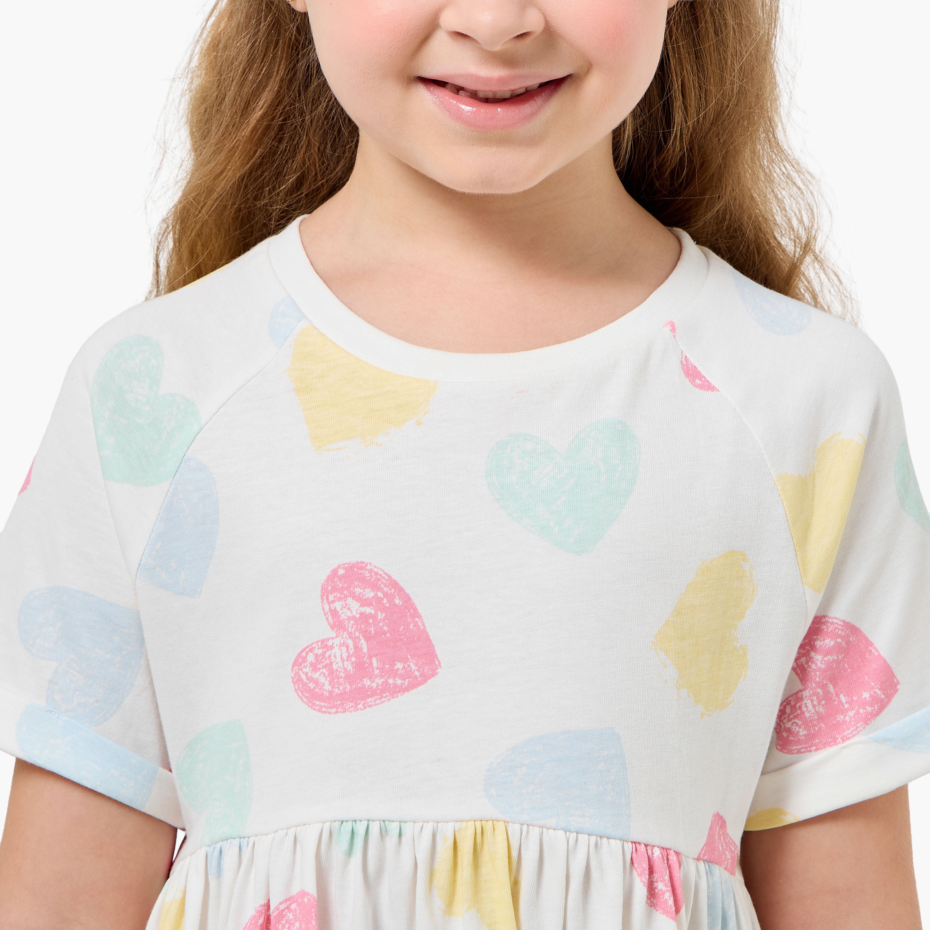 Juniors Round Neck Short Sleeves Knee Length A-line Dress with Heart Print