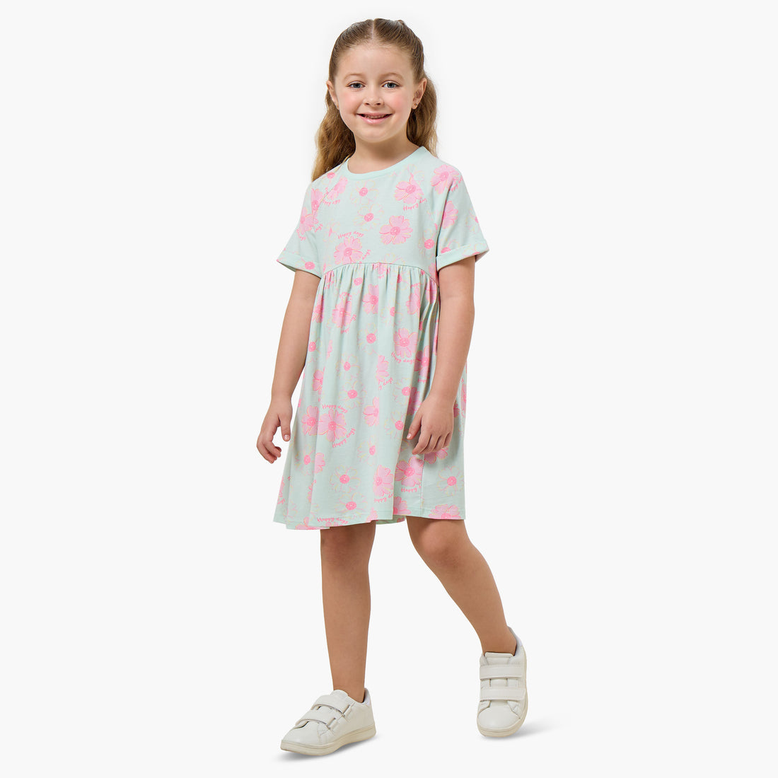 Juniors Round Neck Short Sleeves Knee Length A-line Dress with Floral Print