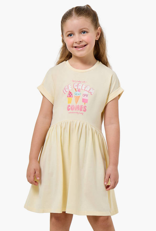 Juniors Round Neck Short Sleeves Knee Length A-line Dress with Ice Cream Print
