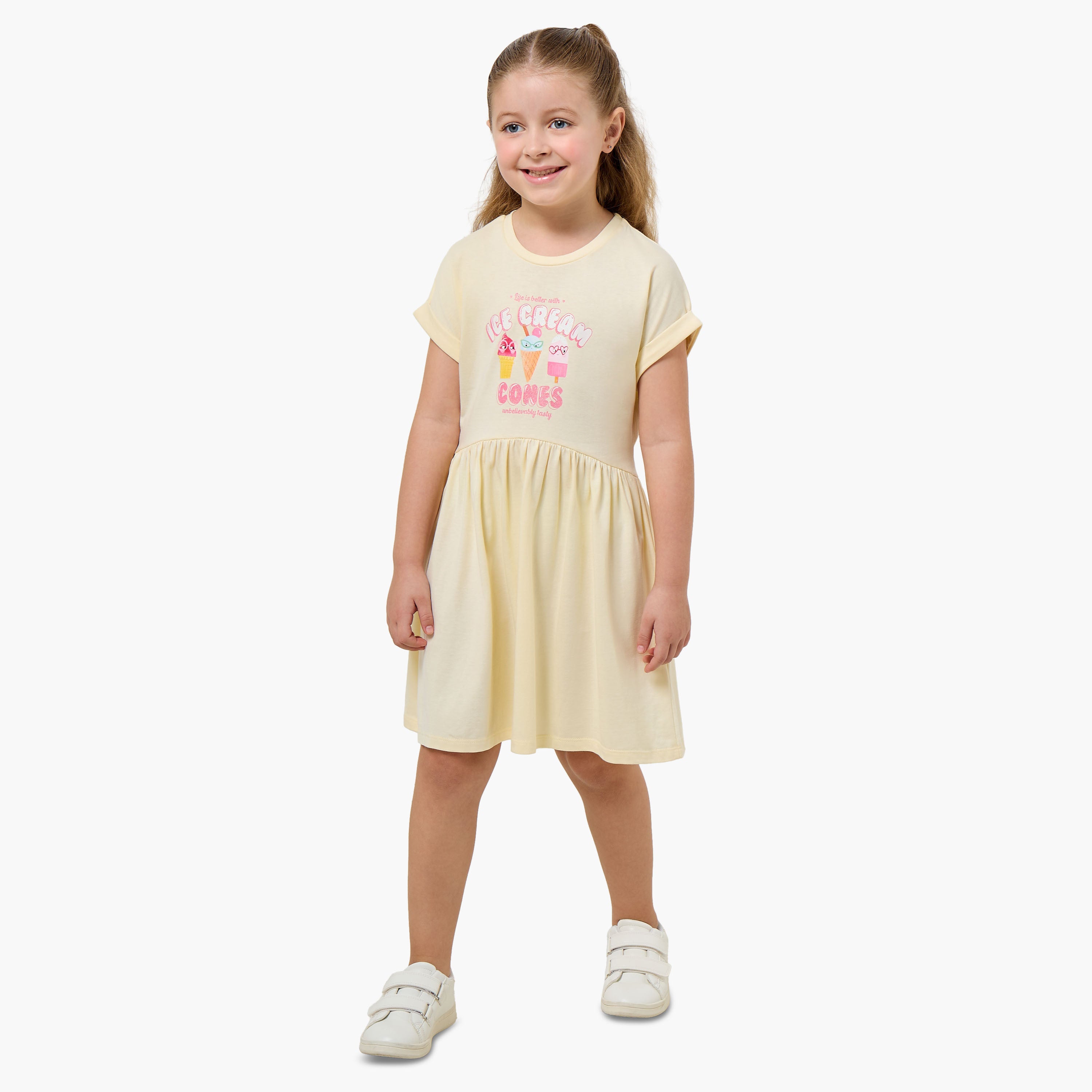 Juniors Round Neck Short Sleeves Knee Length A-line Dress with Ice Cream Print