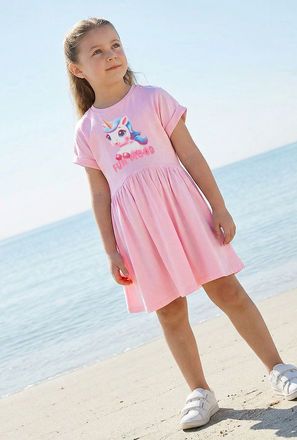 Juniors Round Neck Short Sleeves Knee Length A-line Dress with Unicorn Print