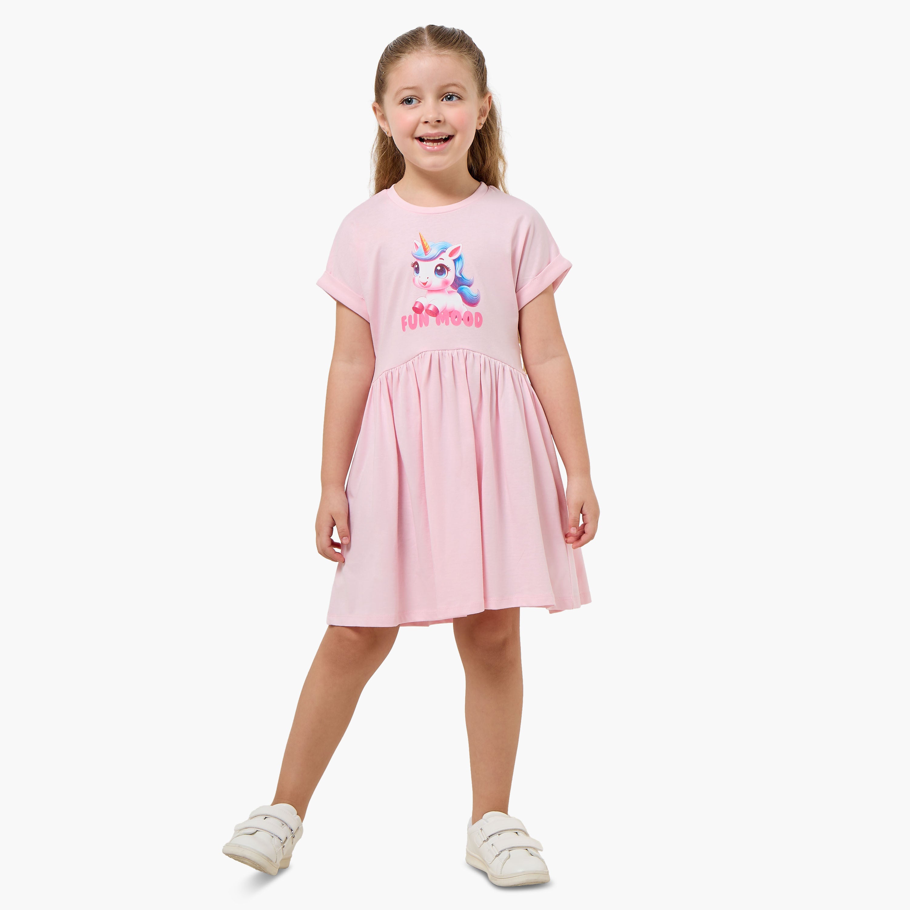 Juniors Round Neck Short Sleeves Knee Length A-line Dress with Unicorn Print
