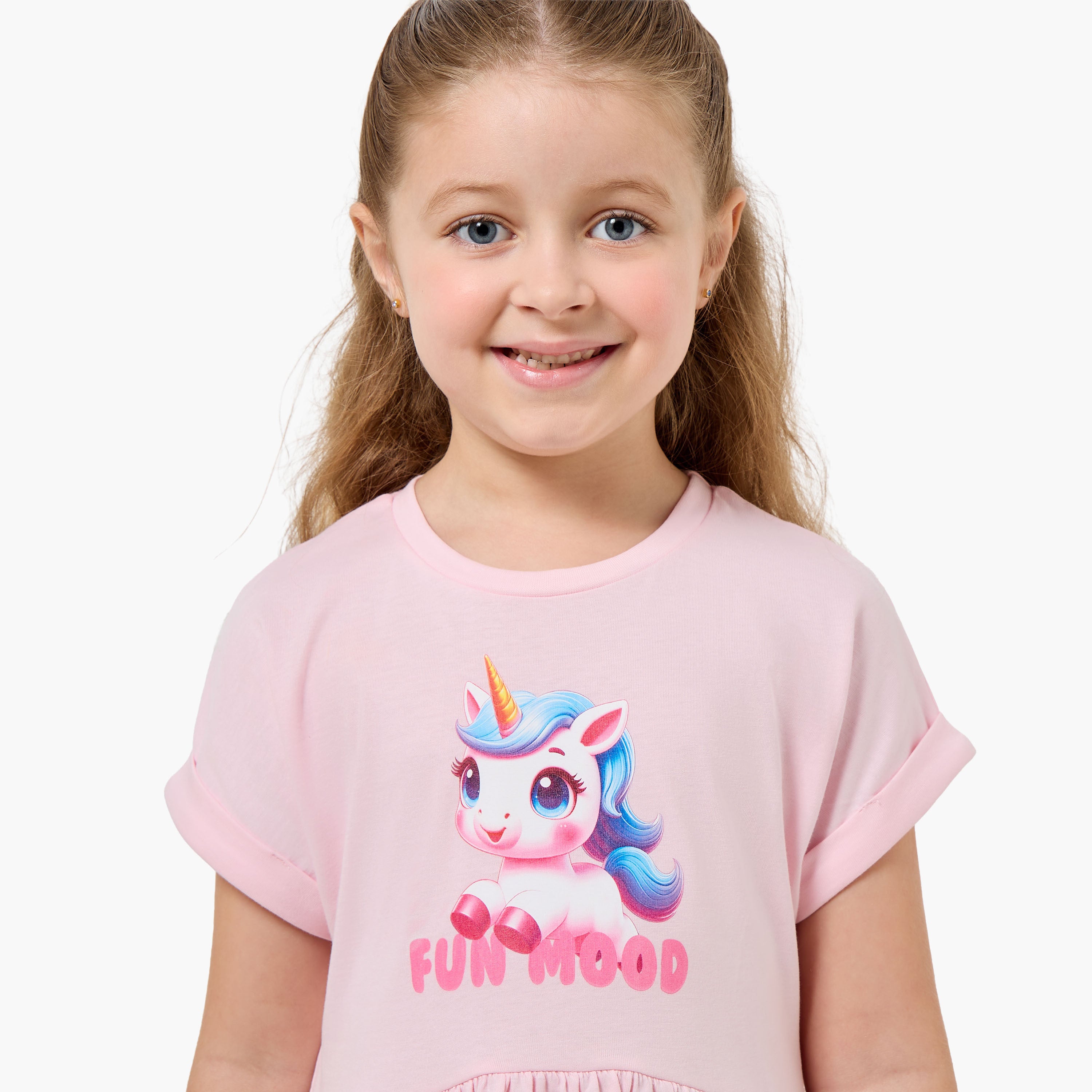 Juniors Round Neck Short Sleeves Knee Length A-line Dress with Unicorn Print
