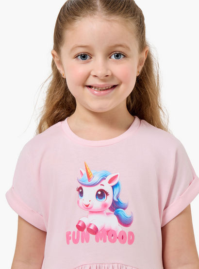 Juniors Round Neck Short Sleeves Knee Length A-line Dress with Unicorn Print-girls-clothing-dressesandjumpsuits-image-4