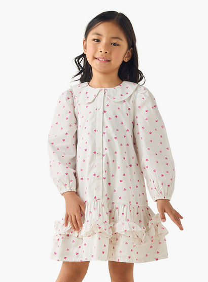 Juniors Peter Pan Collar Long Sleeves Drop Waist Dress with Ruffle Design-girls-clothing-dressesandjumpsuits-image-1