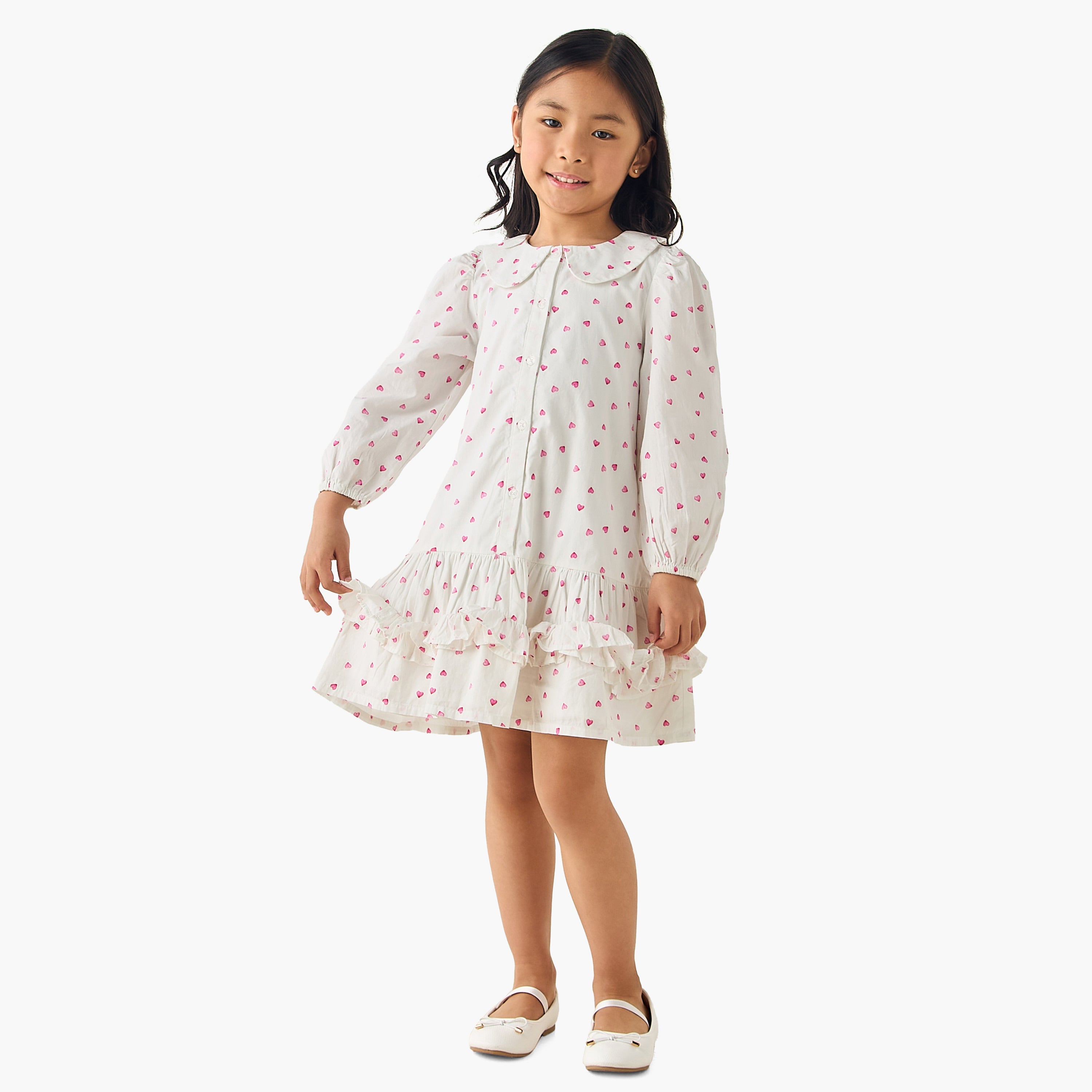 Juniors Peter Pan Collar Long Sleeves Drop Waist Dress with Ruffle Design