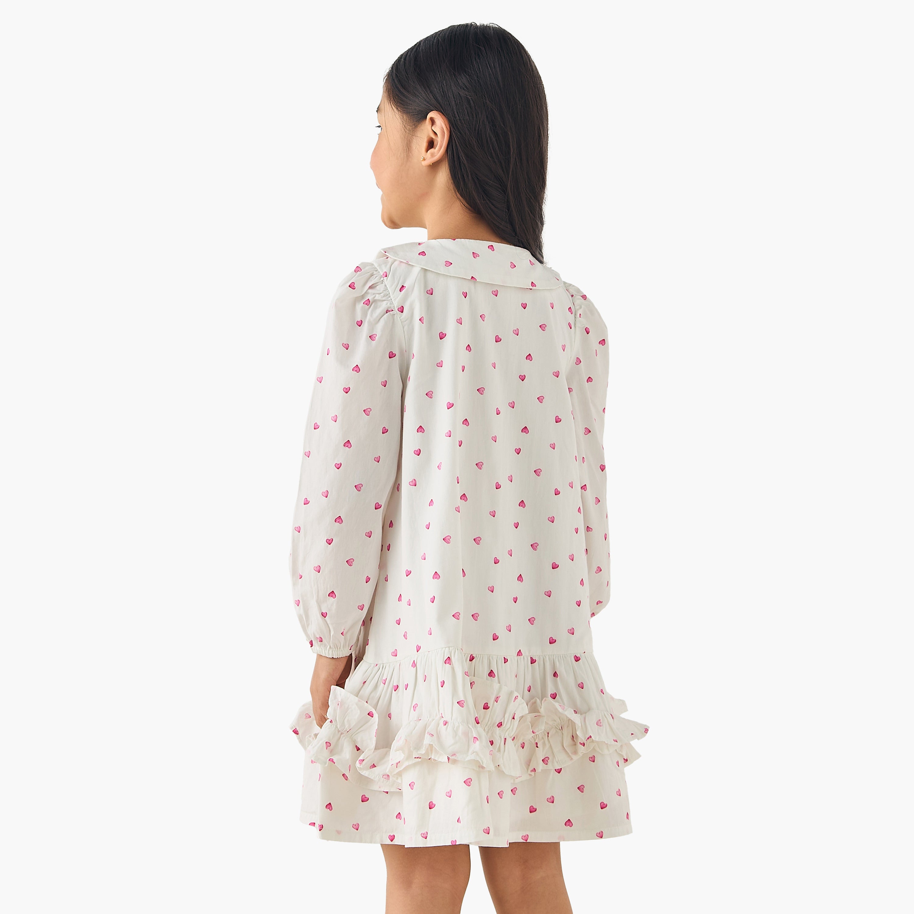 Juniors Peter Pan Collar Long Sleeves Drop Waist Dress with Ruffle Design