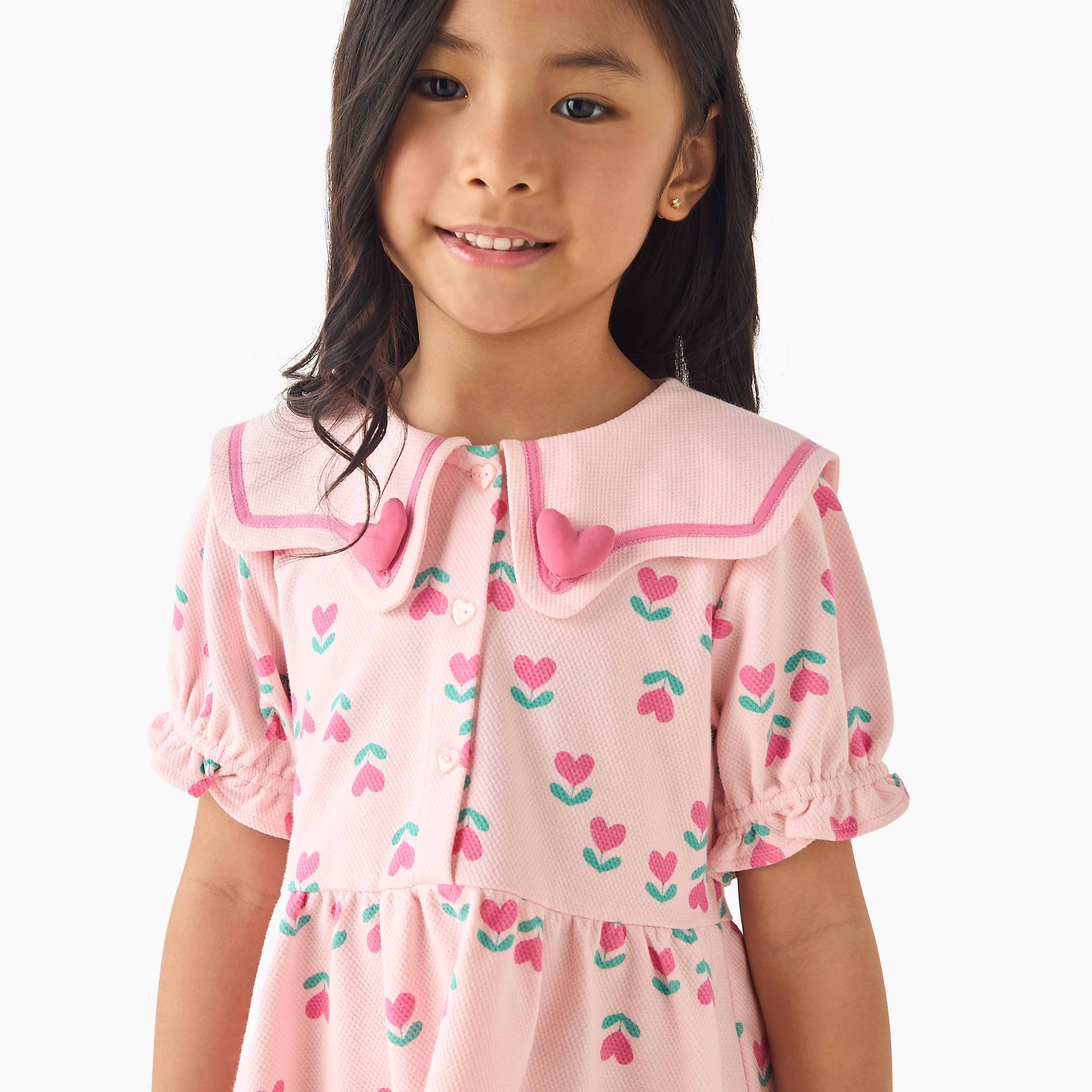 Juniors Sailor Neck Short Puff Sleeves Dress with Heart Print