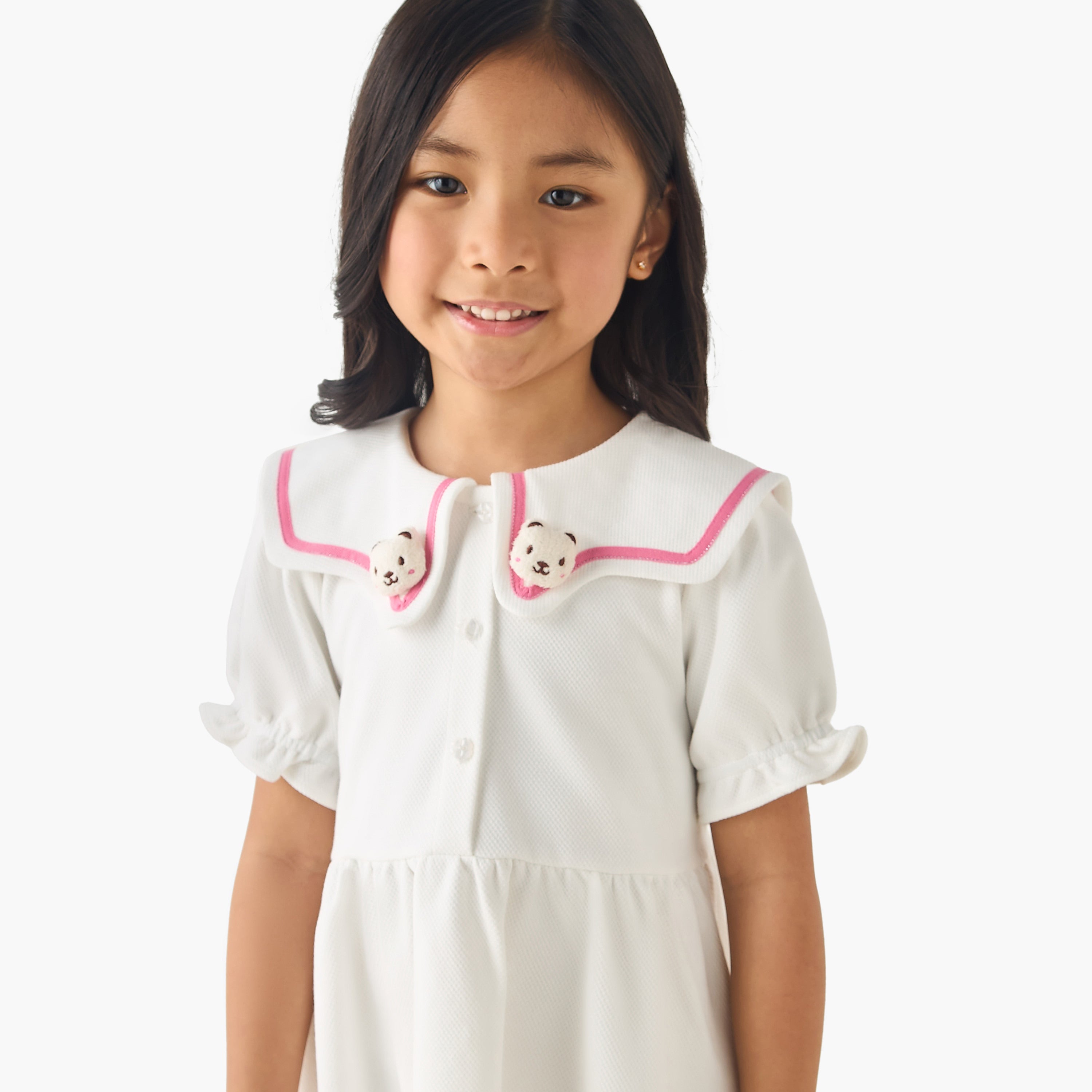 Juniors Sailor Collar Short Sleeves Dress with Bear Applique