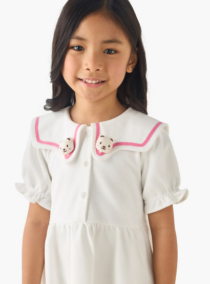 Juniors Sailor Collar Short Sleeves Dress with Bear Applique-girls-clothing-dressesandjumpsuits-image-4