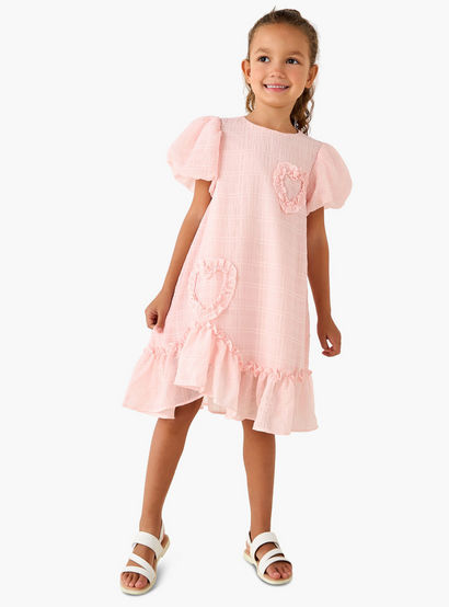 Juniors Round Neck Balloon Sleeve Dress with Heart Applique-girls-clothing-dressesandjumpsuits-image-2