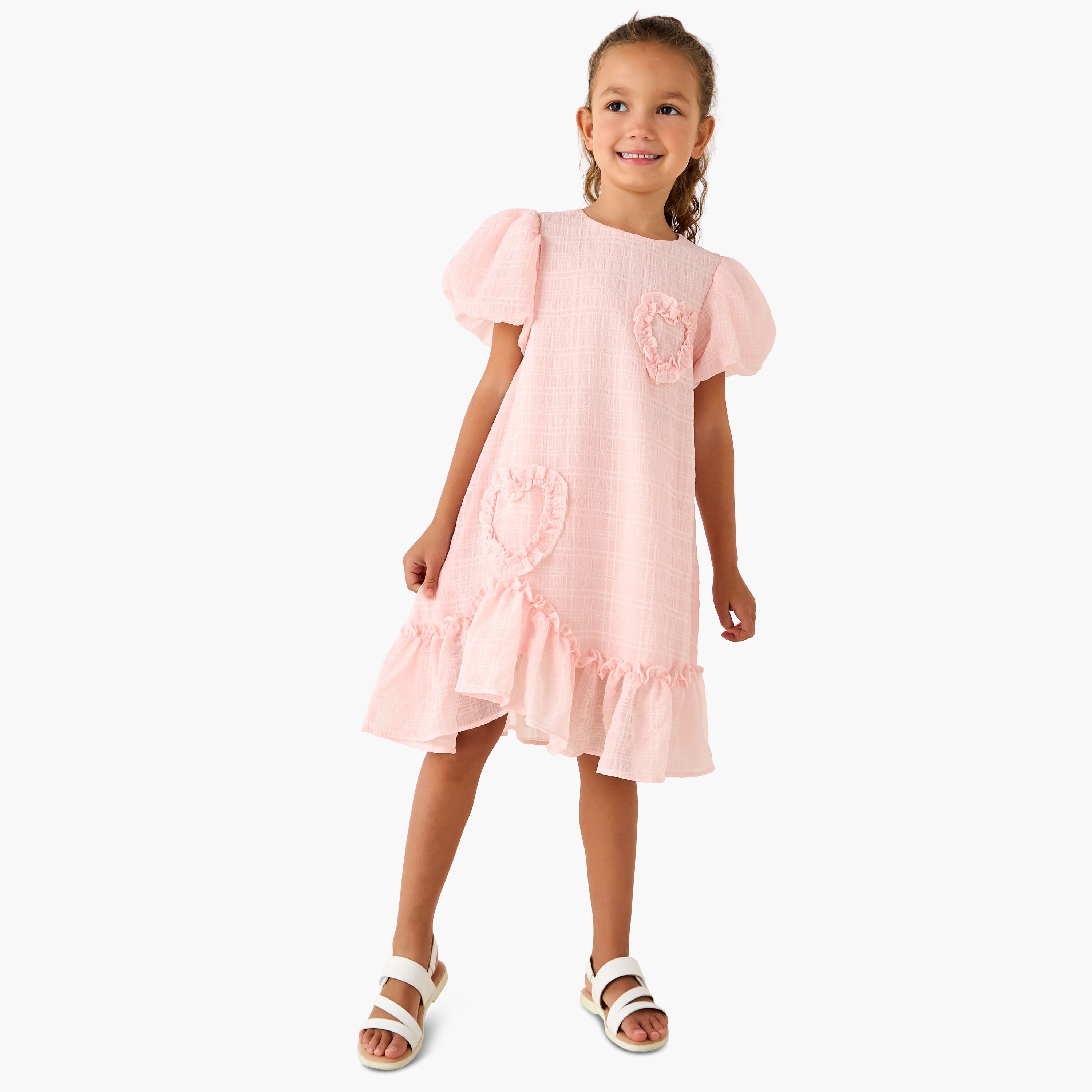 Juniors Round Neck Balloon Sleeve Dress with Heart Applique