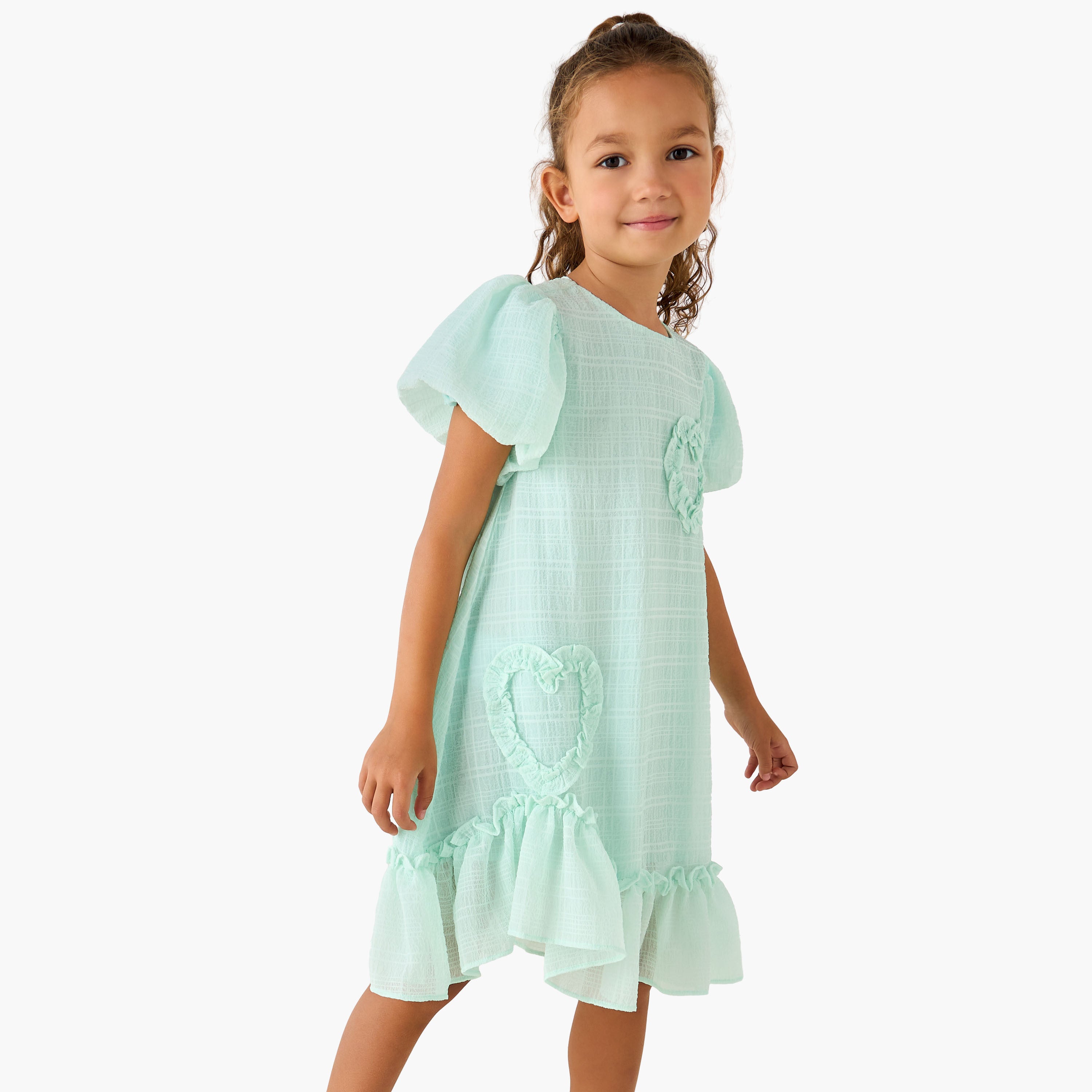 Juniors Round Neck Balloon Sleeve Dress with Heart Applique