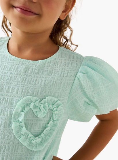 Juniors Round Neck Balloon Sleeve Dress with Heart Applique-girls-clothing-dressesandjumpsuits-image-4