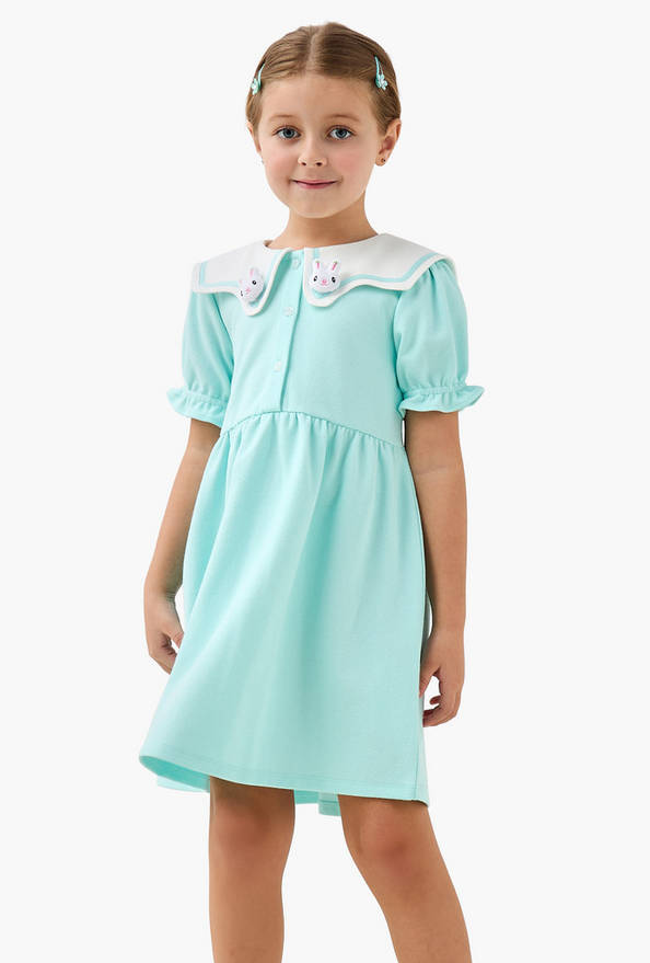 Juniors Sailor Neck Short Sleeves A-Line Dress with Bunny Applique