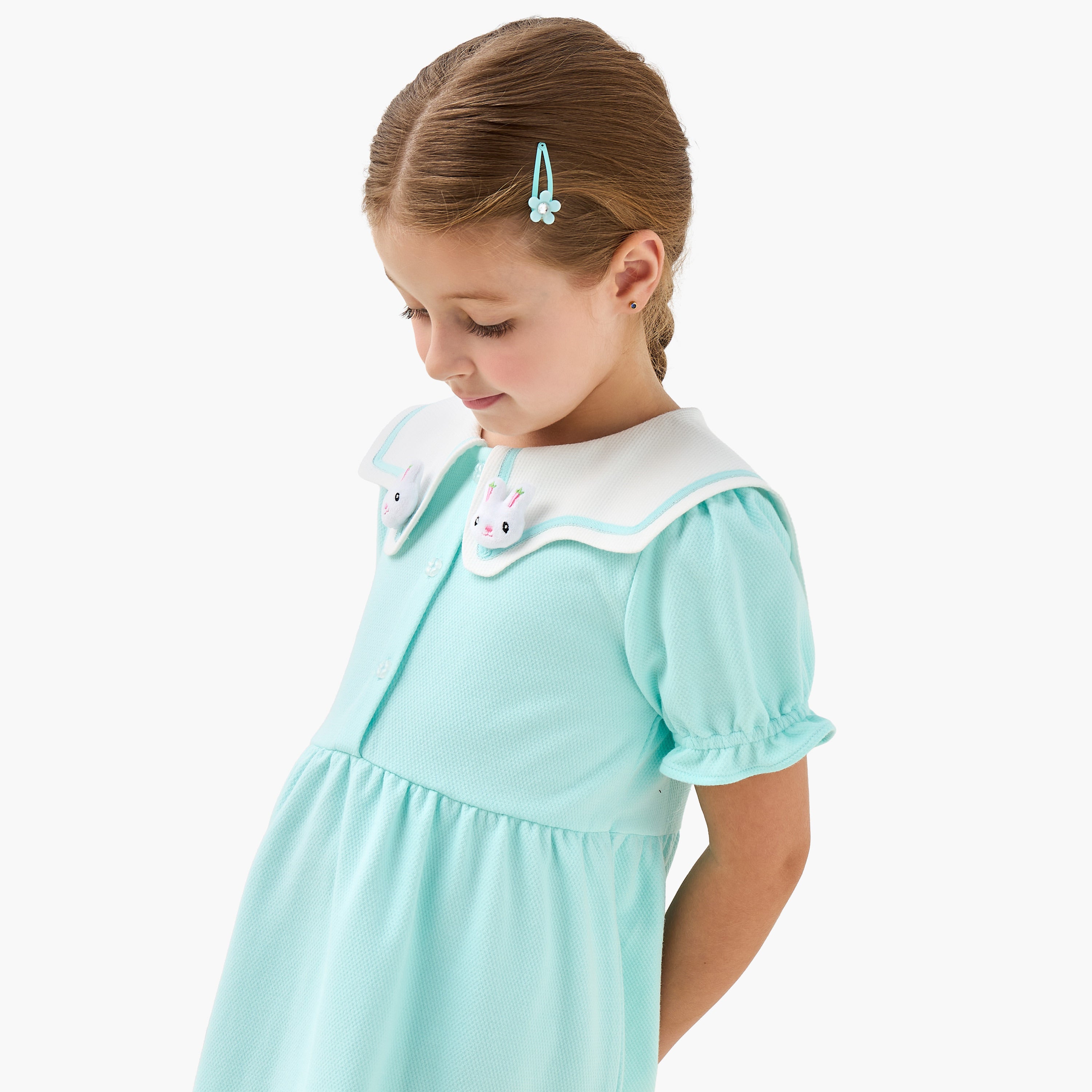 Juniors Sailor Neck Short Sleeves A-Line Dress with Bunny Applique