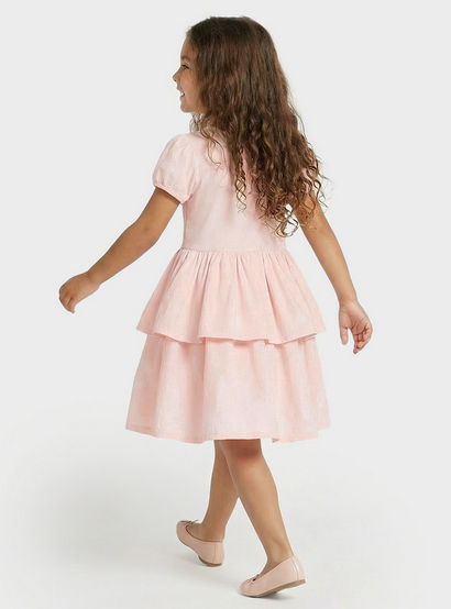 Juniors Round Neck Short Sleeves Knee Length Tiered Dress with Bow Accent-girls-clothing-dressesandjumpsuits-image-3