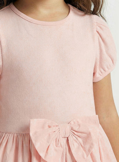 Juniors Round Neck Short Sleeves Knee Length Tiered Dress with Bow Accent-girls-clothing-dressesandjumpsuits-image-4