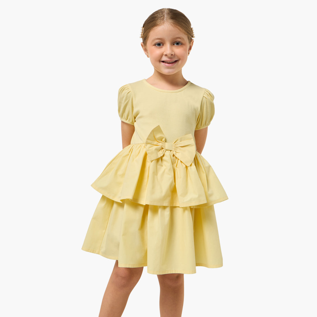 Juniors Round Neck Short Sleeves Knee Length Tiered Dress with Bow Detail - Yellow / 1-2 yrs