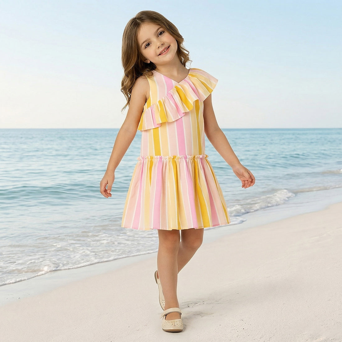 Juniors V-neck Sleeveless A-line Dress with Stripes