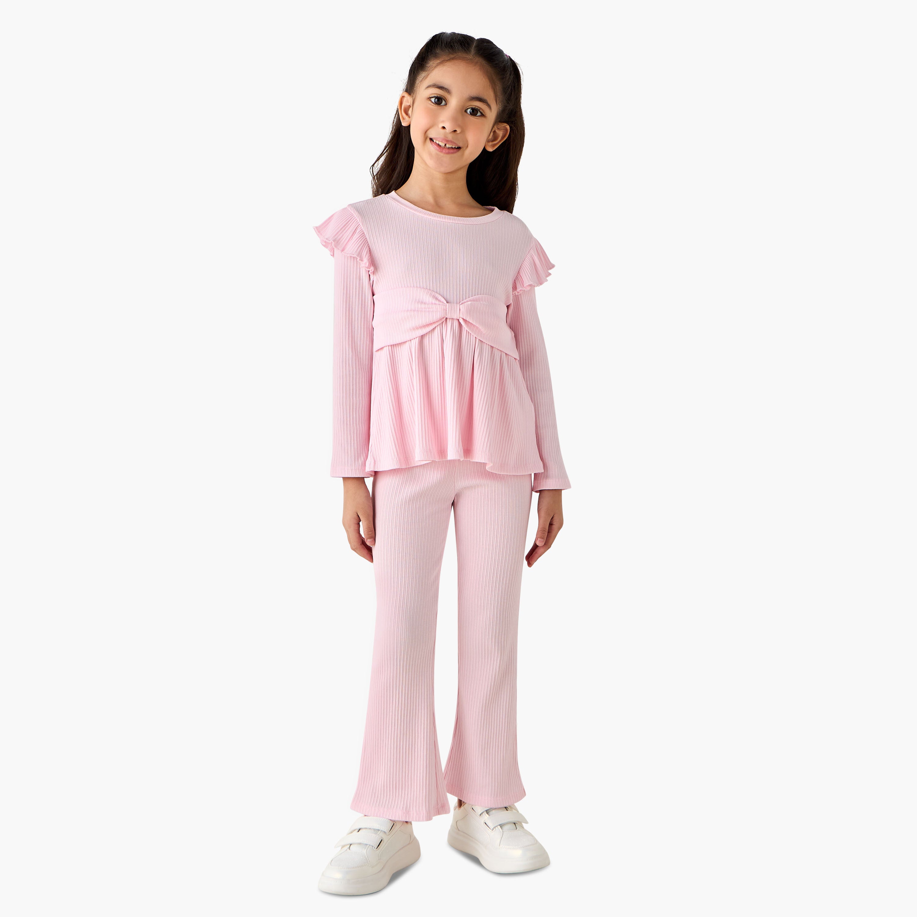 Juniors Round Neck Long Sleeve Top and Flared Pants Set with Ribbed Texture - Pink / 3-4 yrs
