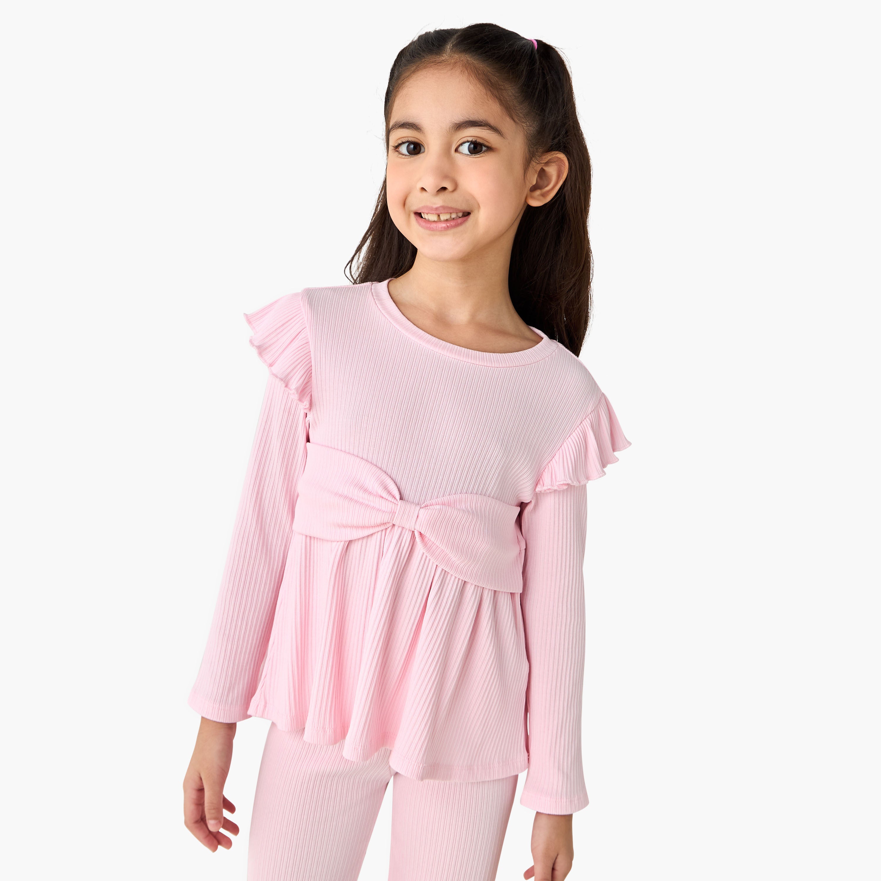 Juniors Round Neck Long Sleeve Top and Flared Pants Set with Ribbed Texture