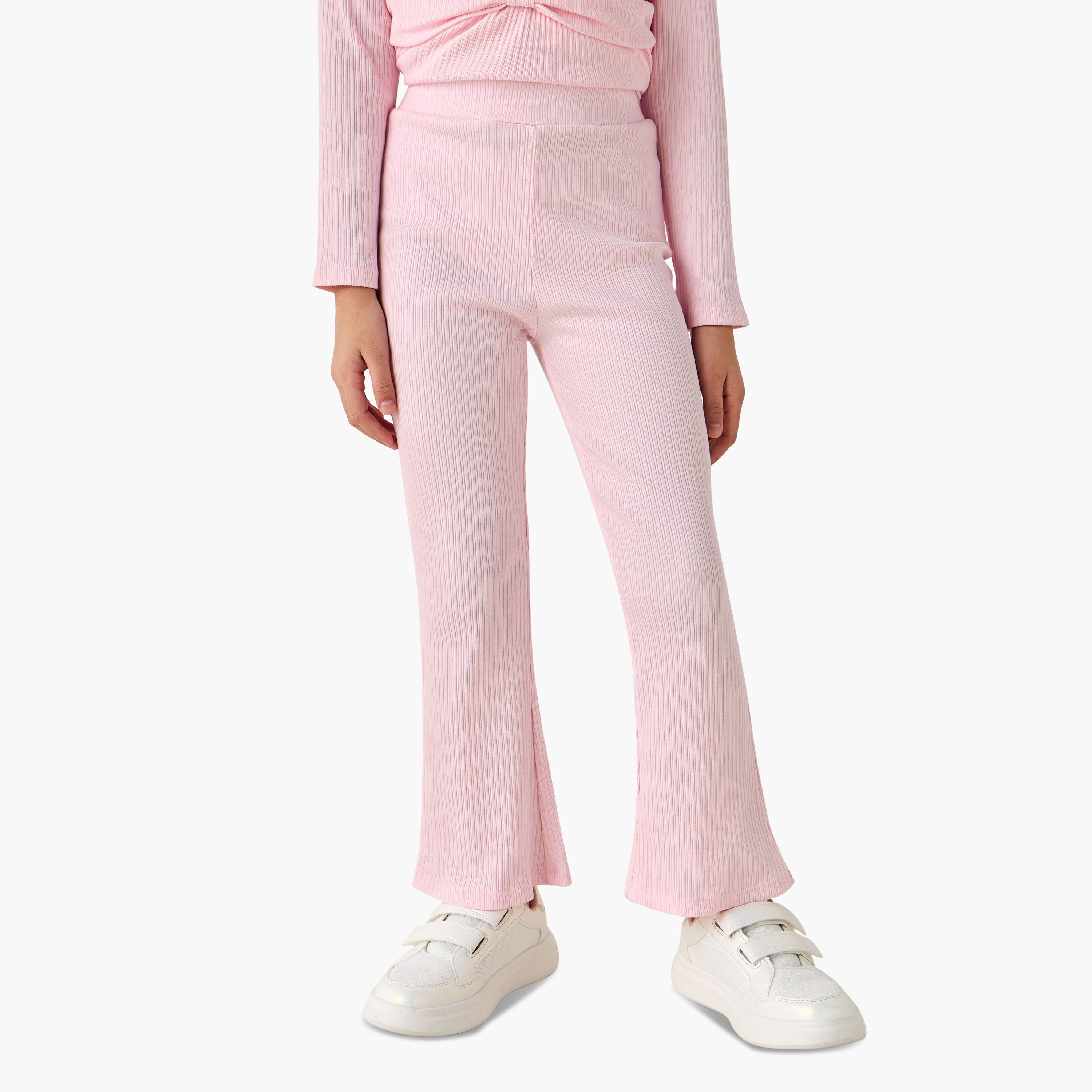 Juniors Round Neck Long Sleeve Top and Flared Pants Set with Ribbed Texture