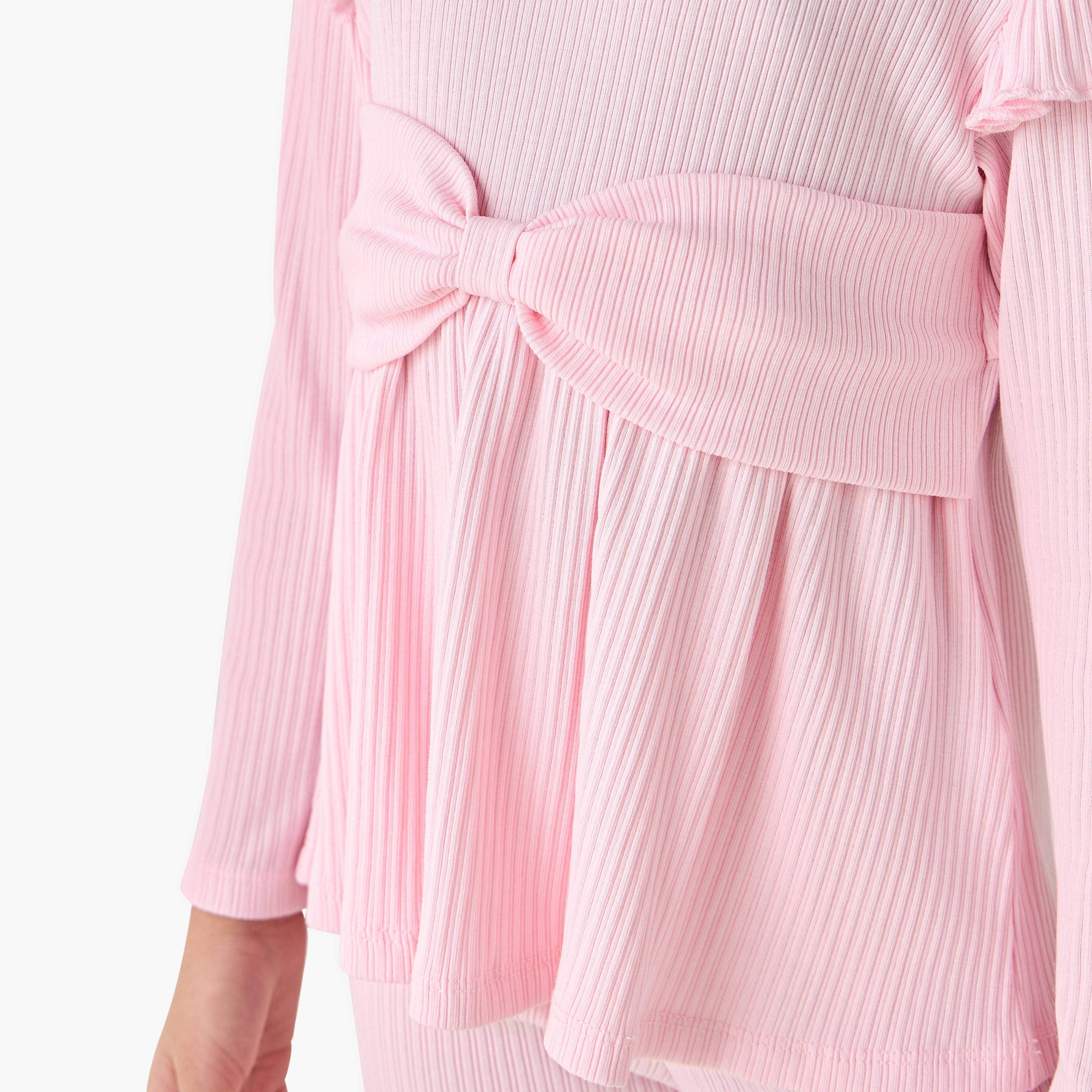 Juniors Round Neck Long Sleeve Top and Flared Pants Set with Ribbed Texture