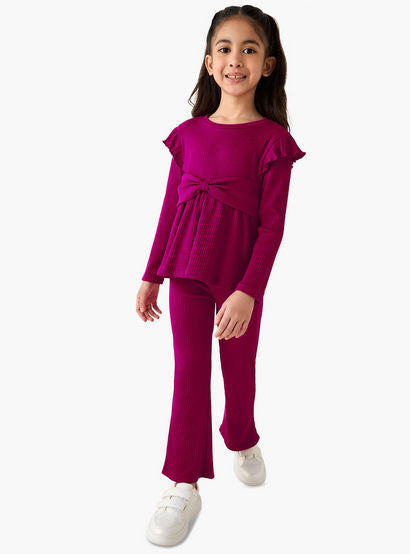 Juniors Round Neck Long Sleeve Top and Flared Pants Set with Ribbed Texture-baby-girls-clothing-setsandcoords-image-1