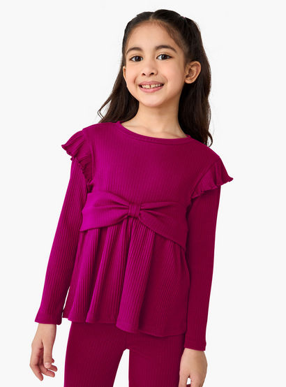 Juniors Round Neck Long Sleeve Top and Flared Pants Set with Ribbed Texture-baby-girls-clothing-setsandcoords-image-2