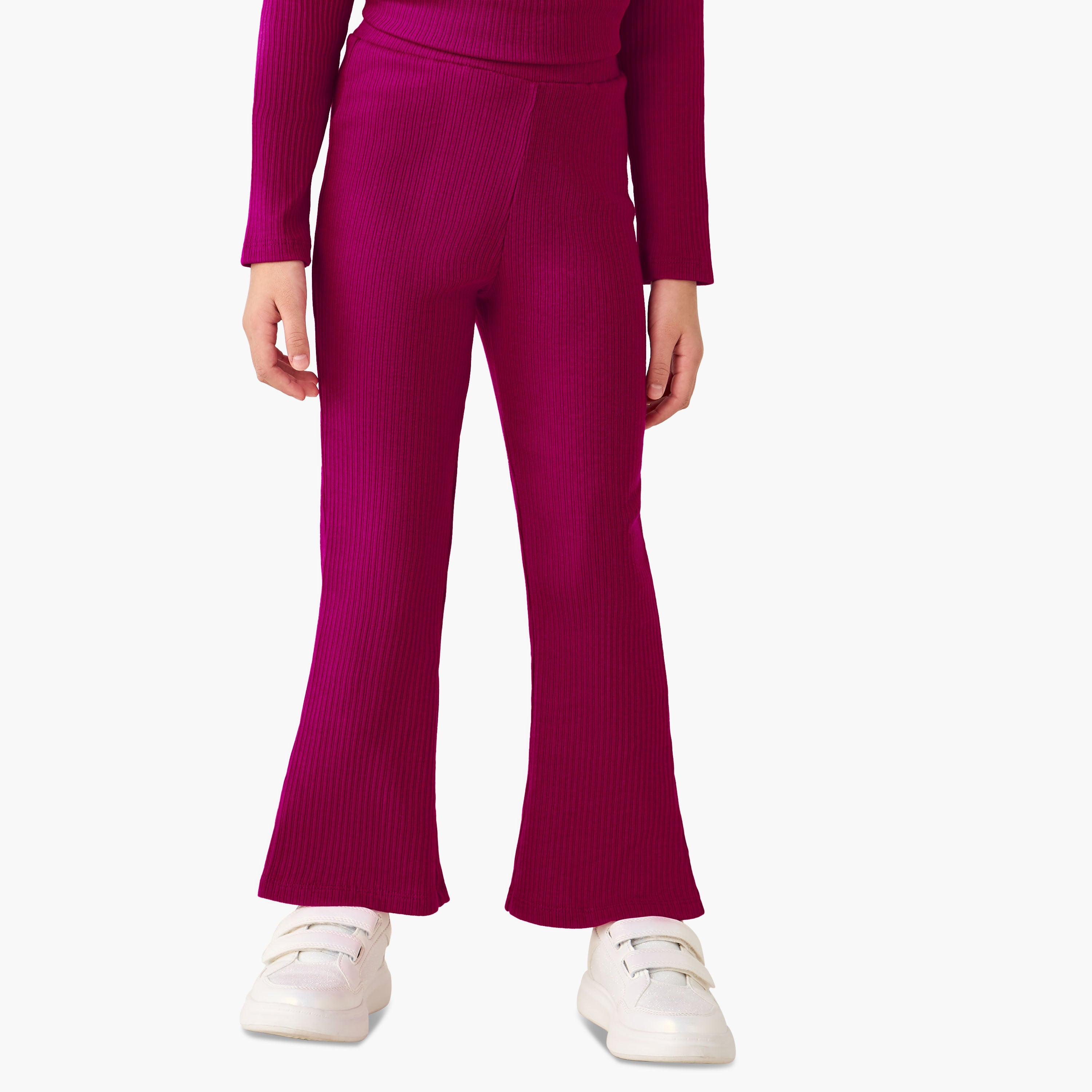 Juniors Round Neck Long Sleeve Top and Flared Pants Set with Ribbed Texture