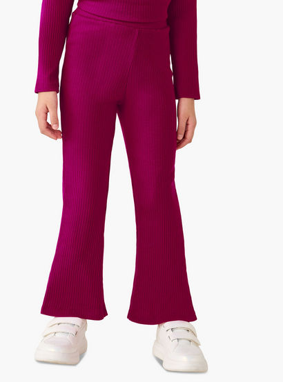 Juniors Round Neck Long Sleeve Top and Flared Pants Set with Ribbed Texture-baby-girls-clothing-setsandcoords-image-3