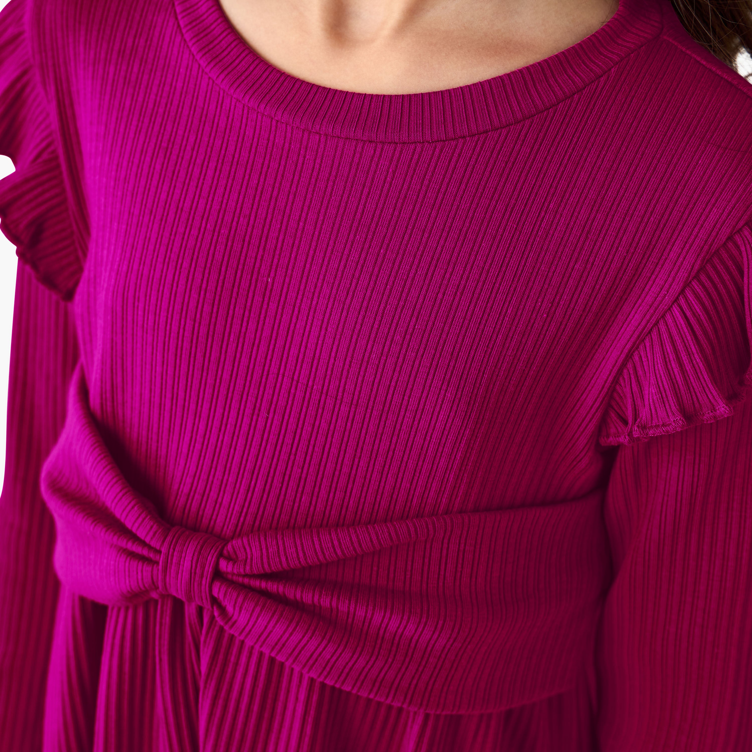 Juniors Round Neck Long Sleeve Top and Flared Pants Set with Ribbed Texture