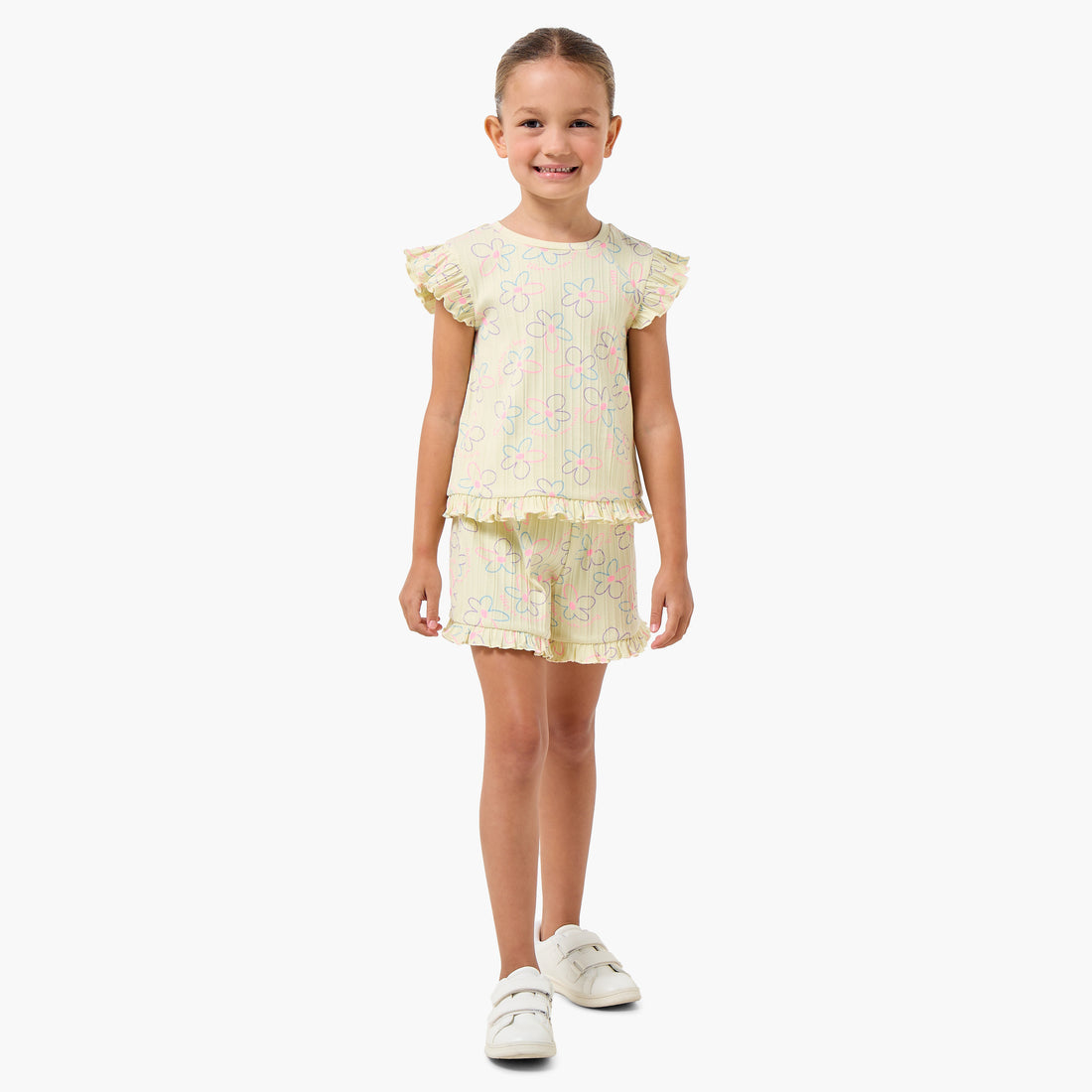 Juniors Round Neck Short Sleeves T-shirt and Shorts Set with Floral Print - Green / 7-8 yrs