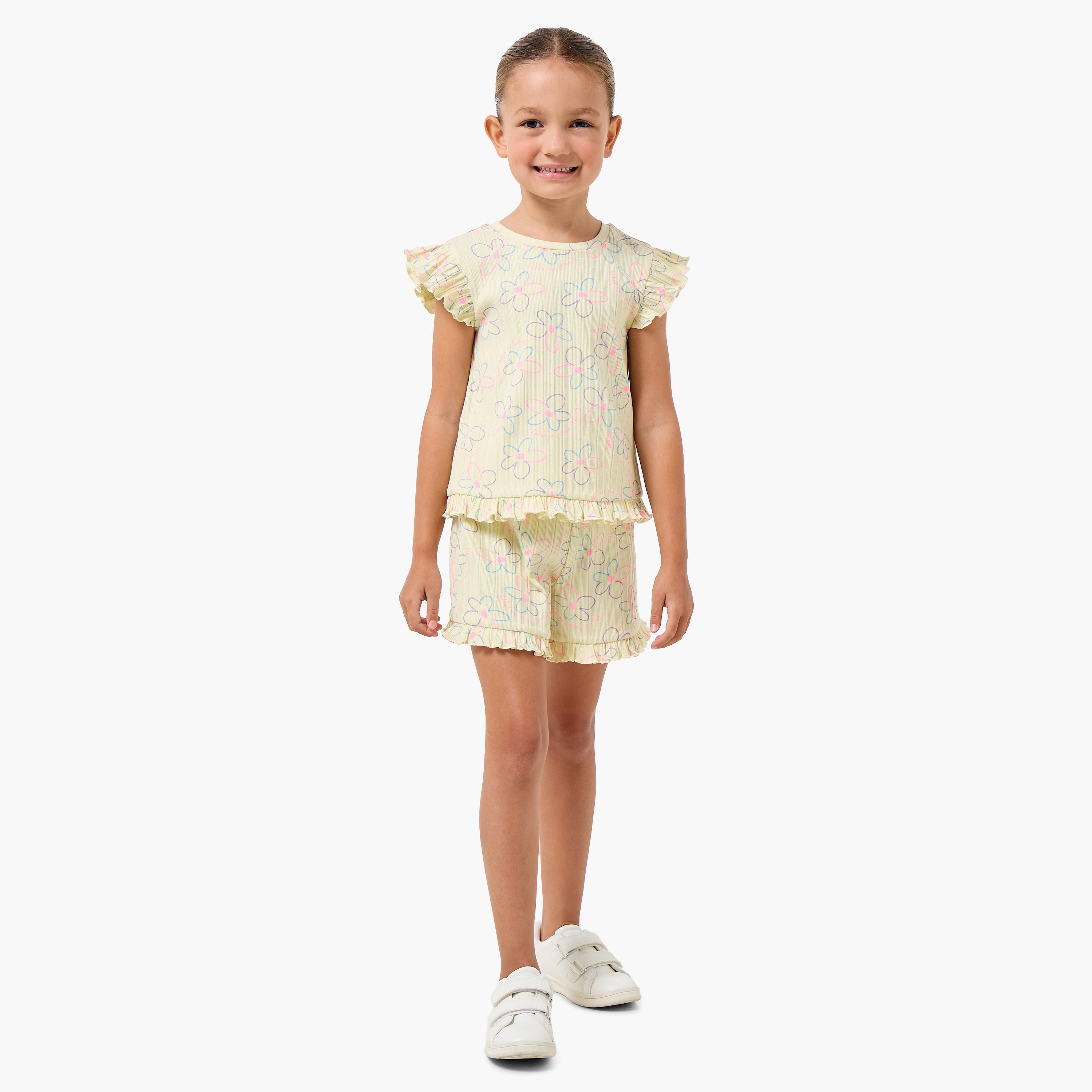 Juniors Round Neck Short Sleeves T-shirt and Shorts Set with Floral Print - Green / 7-8 yrs