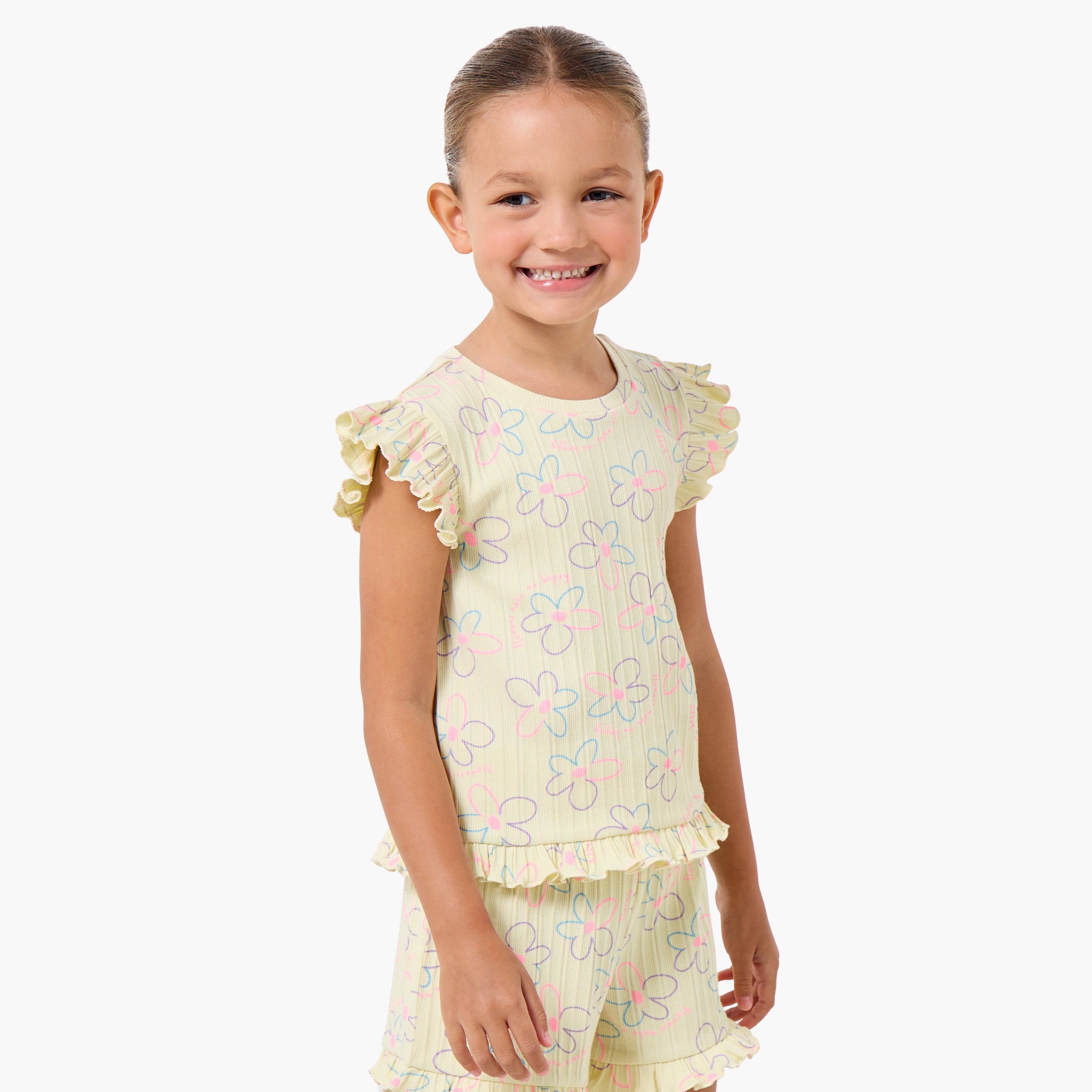 Juniors Round Neck Short Sleeves T-shirt and Shorts Set with Floral Print