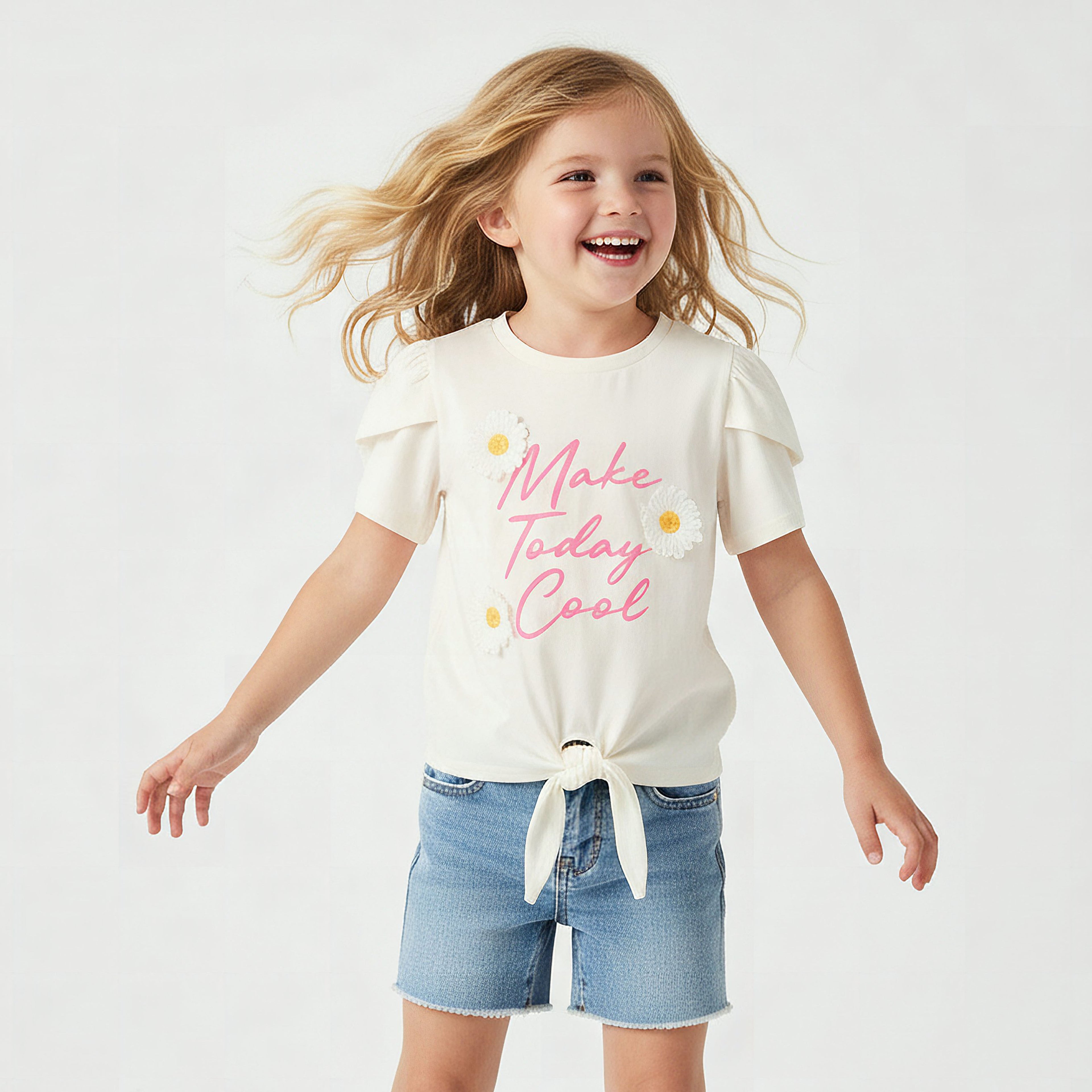 Juniors Crew Neck Short Sleeves T-shirt with Floral Applique - White / 3-4 yrs