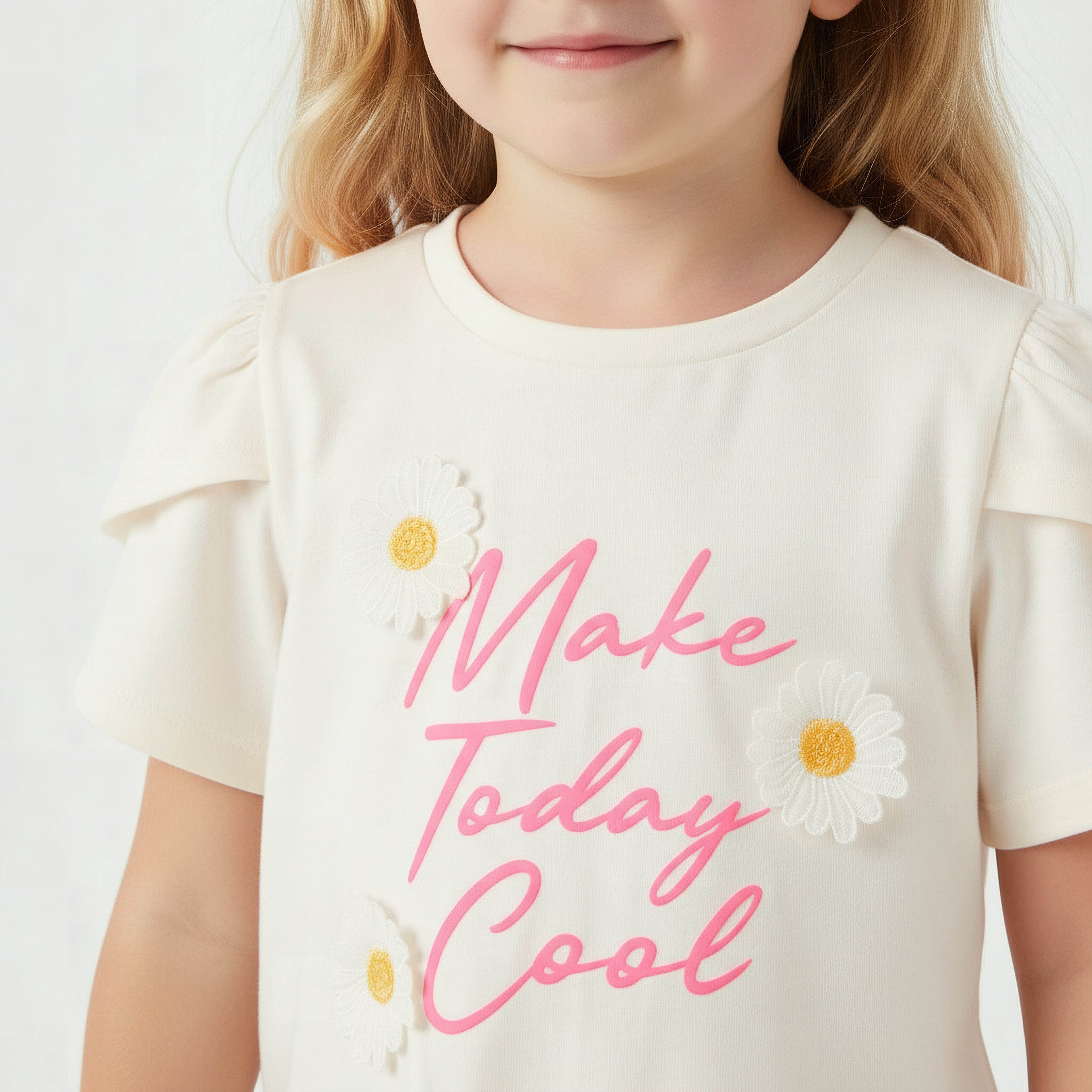Juniors Crew Neck Short Sleeves T-shirt with Floral Applique