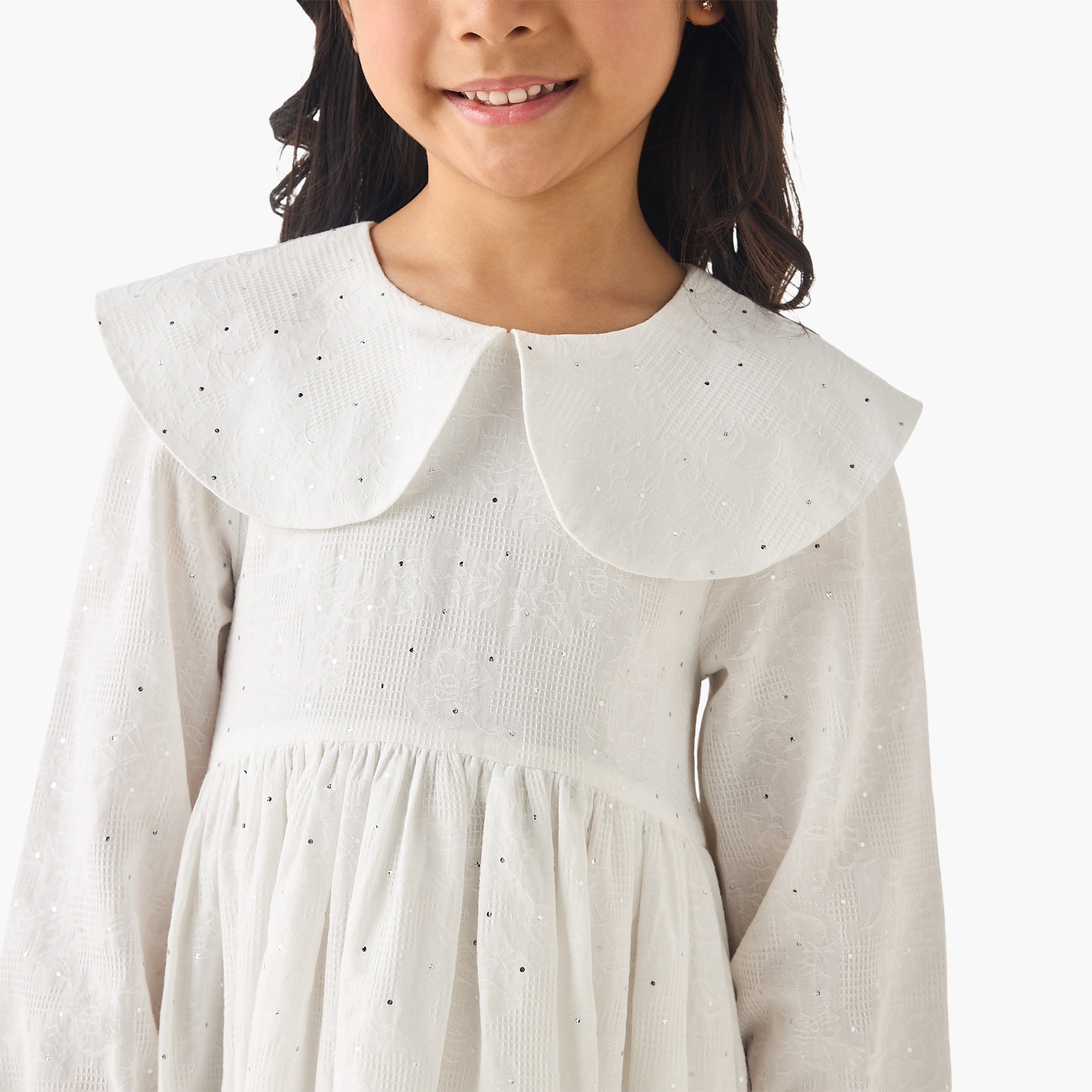 Juniors Peter Pan Collar Long Sleeves Balloon Dress with Embellished Detail