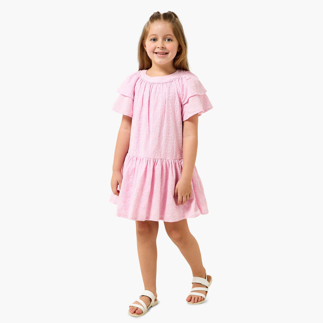 Juniors Round Neck Short Sleeves A-line Dress with Floral Embroidery