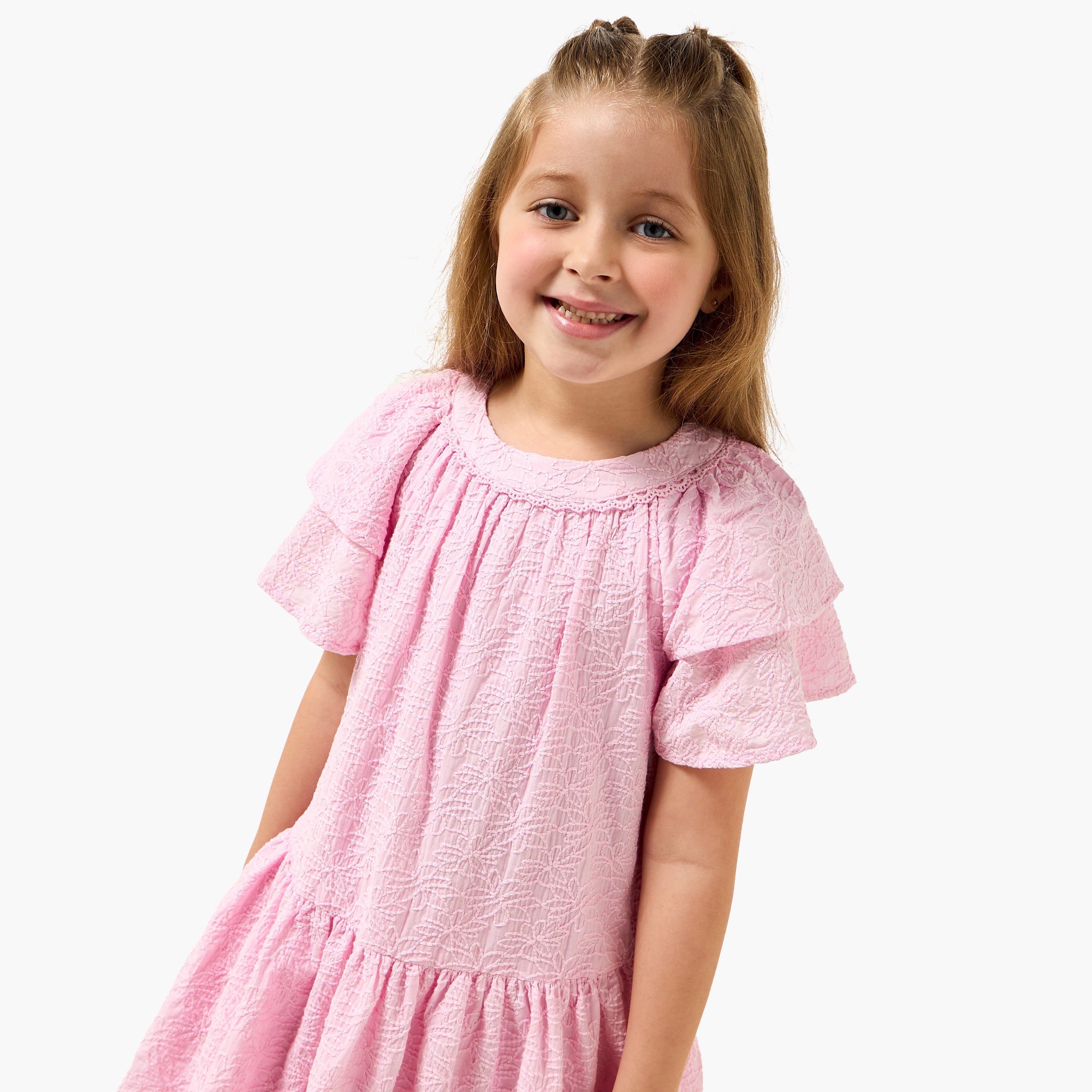 Juniors Round Neck Short Sleeves A-line Dress with Floral Embroidery