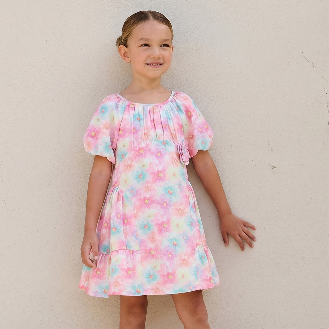 Juniors Round Neck Short Sleeves A-line Dress with Floral Print - Multicolour / 5-6 yrs