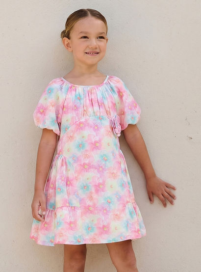 Juniors Round Neck Short Sleeves A-line Dress with Floral Print-girls-clothing-dressesandjumpsuits-image-1