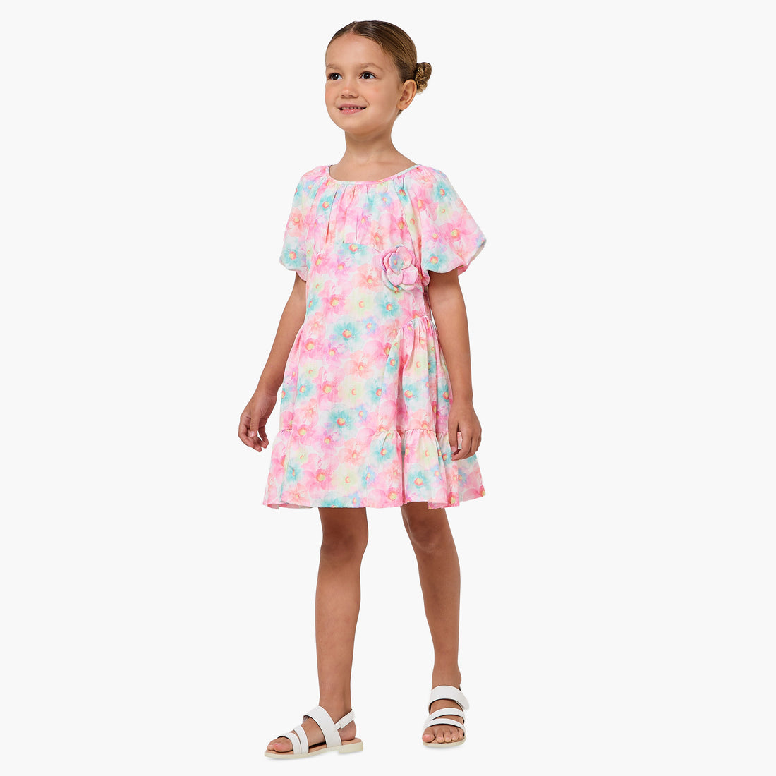 Juniors Round Neck Short Sleeves A-line Dress with Floral Print