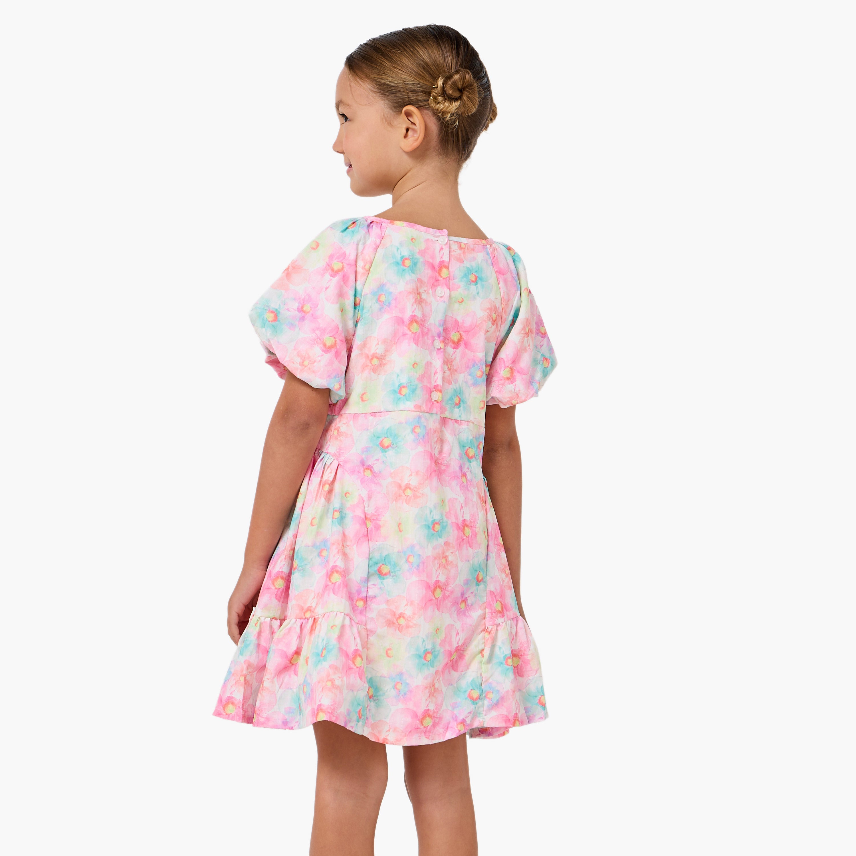 Juniors Round Neck Short Sleeves A-line Dress with Floral Print