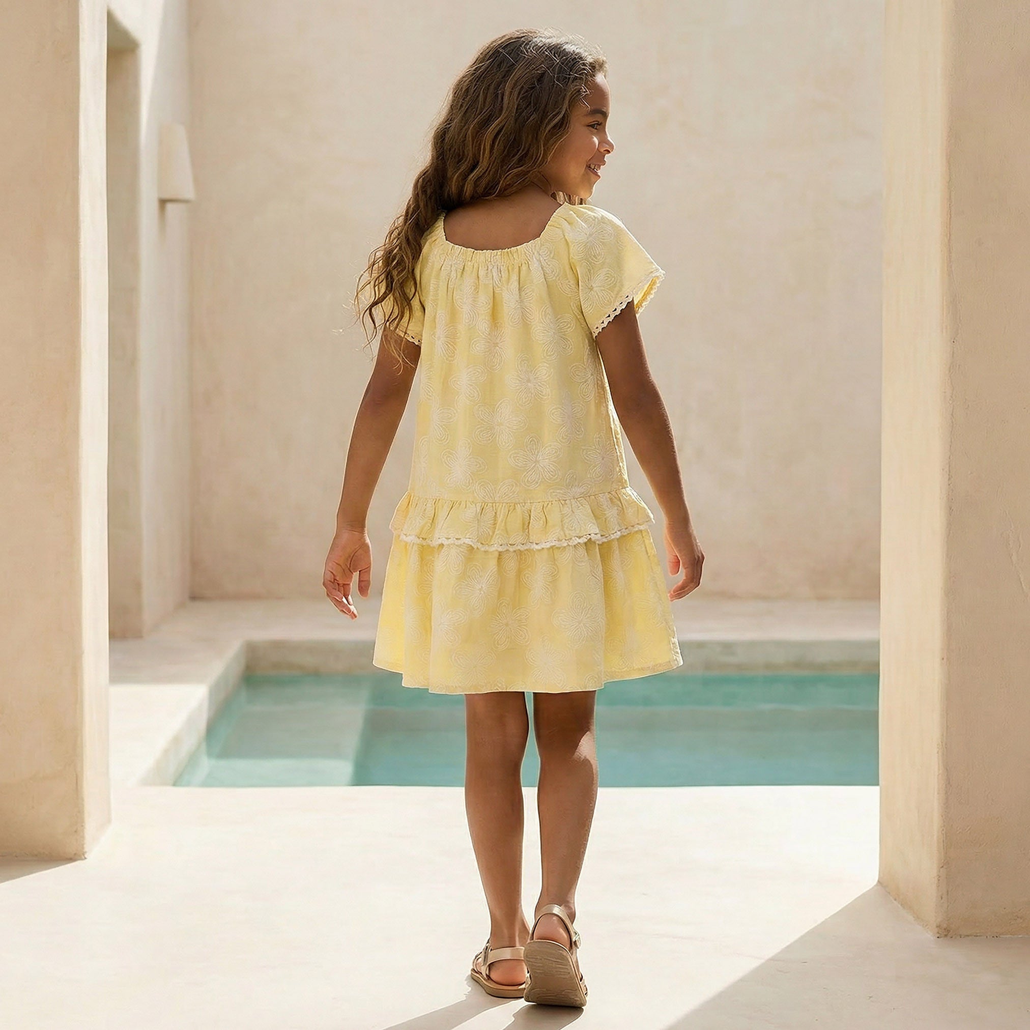 Juniors Square Neck Short Sleeves Knee Length Dress with Floral Print