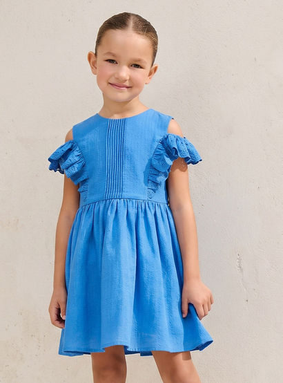 Juniors Round Neck Cold Shoulder Knee Length A-line Dress with Pleated Detail-girls-clothing-dressesandjumpsuits-image-1