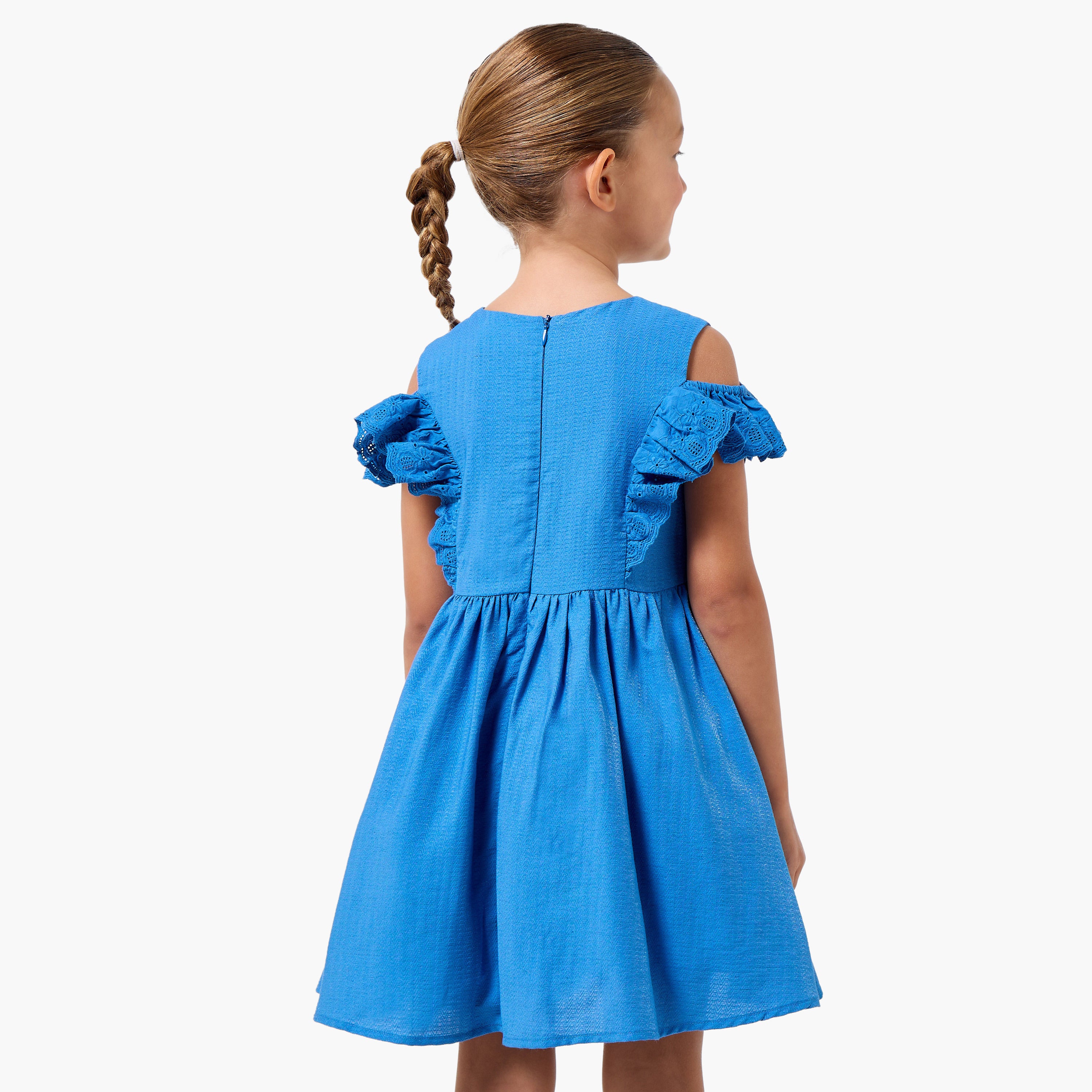 Juniors Round Neck Cold Shoulder Knee Length A-line Dress with Pleated Detail